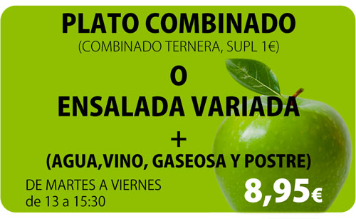 Plato Combinado o Ensalada Variada + Postre + Bebida por 8,95€